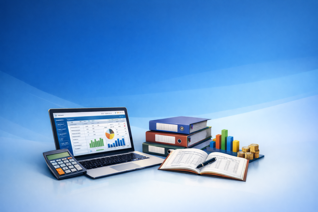 Imagen de curso de gestión contable con ERP en Cantabria: portátil con software de gestión, calculadora y documentación contable