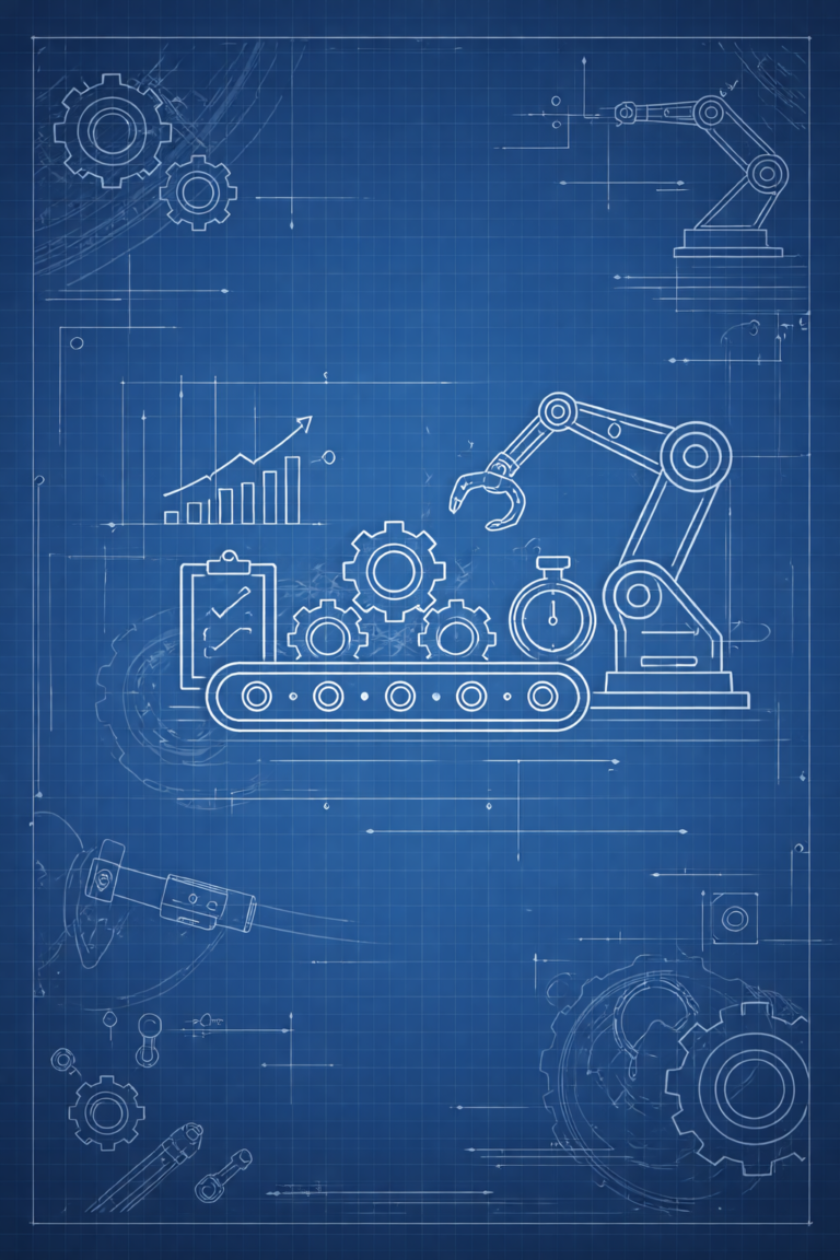 Técnico de producción revisando una línea de fabricación mecánica con una tablet en planta industrial